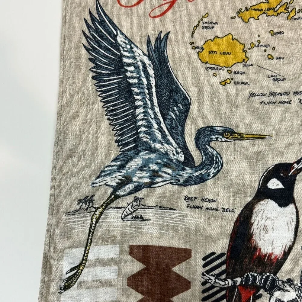 Vintage Linen Birds Of Fiji Travel Souvenir Tea Towel